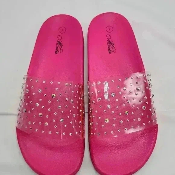 Mata Women's Rhinestones Clear Band Slide Sandals Hot Pink Size 7 - Picture 3 of 7